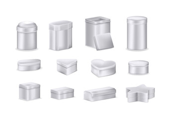 Realistic metal box mockup set. Aluminum containers boxes different shapes oval, round low jar, high cylindrical can, tea square heart star metal box for storing accessories, gifts, products vector