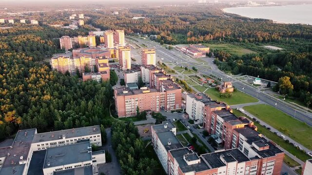 Sosnovy Bor city Leningrad region Russia early summer morning aerial video
