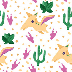 Seamless pattern of cute dinosaur with cactus and succulents for decorating the nursery, banners or textile. Flat style, isolated on a white. Vector illustration