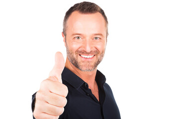 Happy smiling man showing thumb up isolated on white background.