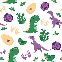 Seamless pattern of cute t-rex and lizard with cactus and footprint for decorating the nursery, banners or textile. Flat style, isolated on a white. Vector illustration