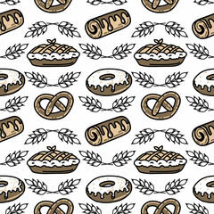 Seamless sweet baking pattern. Hand-drawn doughnut, bagel, and pie. Chocolate desserts. Vector in cartoon style. Bakery products.