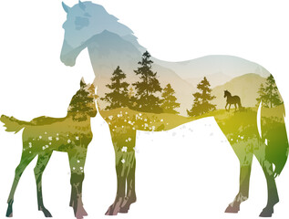 Beautiful horses with a landscape inside. Vector illustration - 474847567