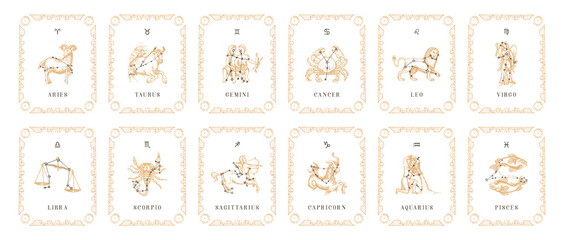Vintage horoscope cards. Zodiac symbols in vector. - obrazy, fototapety, plakaty