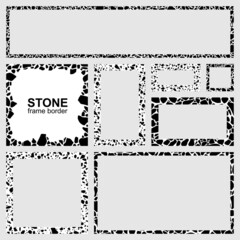 A picture frame made of pebbles. Empty stones border background. Hand draws black and white terrazzo. Template for tags, labels, cards. Vector set 