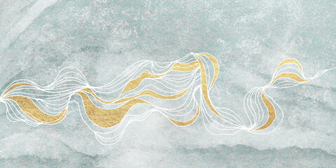 Smooth, abstract waves, lines with gold inserts on a textured background. Image for printing on photowall-paper, fantasy abstraction