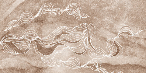 Smooth, abstract waves, lines with gold inserts on a textured background. Image for printing on photowall-paper, fantasy abstraction © Елена Устьянцева