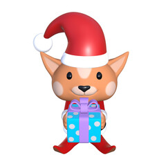 Cute cartoon elf animal with gift in santa claus costume isolated on white. 3d render