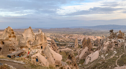 Panorama of Cappadocia, Turkey landscape and valley with ancient rock formation and caves. View from Uchisar Castle