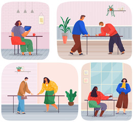 Fototapeta premium Set of illustrations about office work. People communicating, having conversation at workplace. Businessman makes presentation of new contract. Business partners are talking on meeting, brainstorming