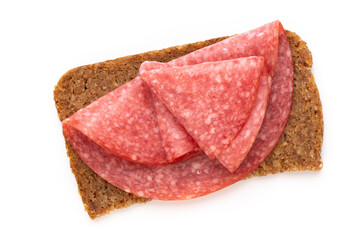 Sandwich with salami sausage on white background.