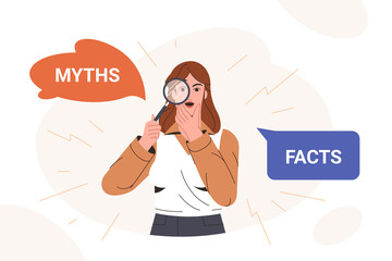 Myths and facts flat vector illustration. Amazed woman looking through magnifying glass and thinking or comparing between truth and false. Fake news versus true and honest. Concept of fact checking. - obrazy, fototapety, plakaty