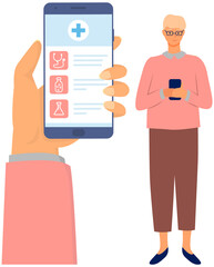 Man chatting with medic in messenger. Application for communication with doctors and online consultations. Medical app on smartphone screen to connect patient with doctor, technology in healthcare
