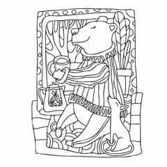 Isolated vector black and white lined illustration of cozy cute bear drinking tea in house