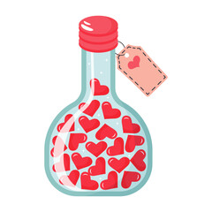 Love bottle with hearts inside and label with heart. Valentine's day design element.