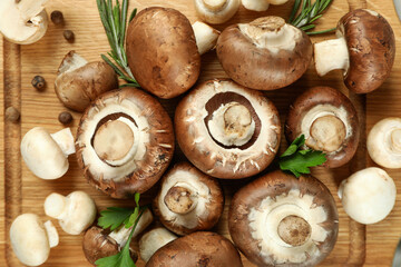 Concept of tasty food with champignon on wooden