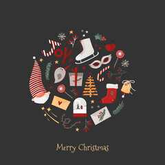 Merry Christmas card with new year elements of round shape. Vector stock illustration