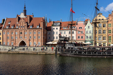Passenger harbor on the Motława River and a cruise ship at Dlugie Pobrzeze in old town of Gdansk