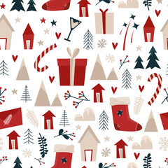Christmas pattern with gifts, trees and mountains in scandinavian style. Vector stock illustration
