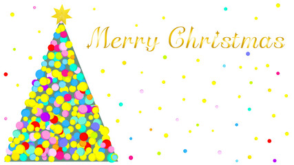 光の玉が集まってできたクリスマスツリー,「Merry Christmas」のゴールドカラーテキスト