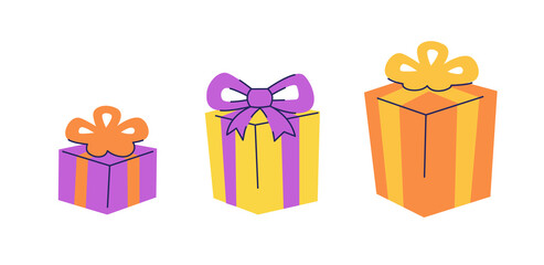 Three gift boxes in a row small to large. Size increase or compare. Vector flat illustration isolated on white.