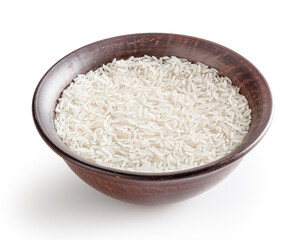 Uncooked jasmine rice in ceramic bowl isolated on white background with clipping path
