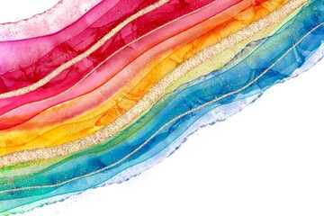 アルコールインクアートの抽象イラスト背景）鮮やか虹色の波　ゴールド　グリッター　透明感　夏　元気