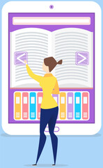 Girl reading book with digital service for smartphone. Studying with archive of books. Electronic library, online book store, ebook in smartphone app. Woman selects literature in online library