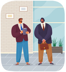 Business people conversation. Two men standing together and talking, discussing, negotiating. Business meeting, working process. Man manager consulting, talking to partner about new contract