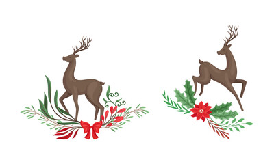 Set of graceful deers with tree branches, berries and flowers cartoon vector illustration