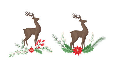 Set of deers with tree branches, flowers and holly berries. Christmas holidays design element cartoon vector illustration
