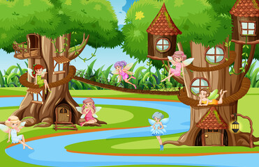 Fantasy forest with cute fairies