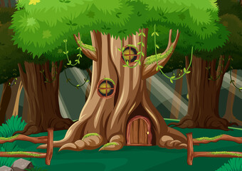Fantasy forest background with tree house - obrazy, fototapety, plakaty