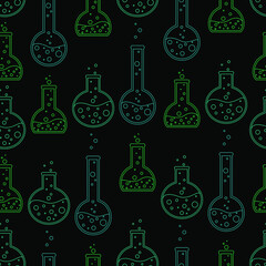 Seamless pattern chemical test tubes vector minimalist simple flat illustrations. Experiment chemical flasks for science on black background.