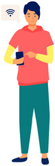 Obraz premium Young man uses smartphone. Guy holding gadget. Pastime in social networks. Internet addiction. Smiling boy sends messages via smartphone. Happy person uses mobile phone for texting and communication