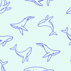 Seamless pattern with humpback whales and waves minimalist simple outline vector background illustration. Contour whale drawing on blue background