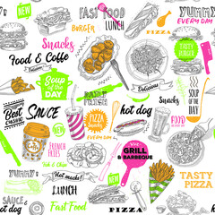 Fast food seamless pattern.  Burgers, pizzas, sausages, pop corn, french fries, coffe etc.. Fish and Chips - doodle sketchy seamless vector pattern. 