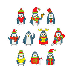 Christmas set of penguins in very peri color isolated on white background. Vector illustration in a flat style for decorations, invitations and cards for Christmas and New Year.