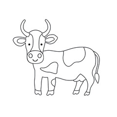 Vector isolated black and white illustration with cute cow, kine, neat in flat simple style on white background. Children's coloring page, hand-drawn print. Cartoon funny animal. Doodle outline.