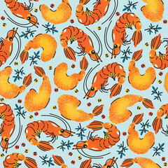 Seamless pattern, background, wrapping paper, illustration, postcard, print with colorful cute shrimps in vector
