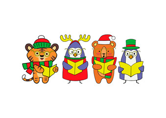 Christmas set of animals tiger, bear, penguin isolated on white background. Vector illustration in a flat style for decorations, invitations and cards for Christmas and New Year.