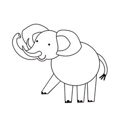 Vector isolated black and white illustration with cute elephant in flat simple style on white background. Children's coloring page, hand-drawn print. Cartoon funny animal. Doodle outline.