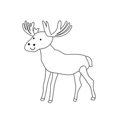 Vector isolated black and white illustration with cute elk, moose in flat simple style on white background. Children's coloring page, hand-drawn print. Cartoon funny animal. Doodle outline.