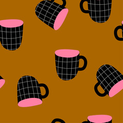 Stylish vector seamless pattern with cups of tea or coffee. Abstract tea time print design. Cozy modern print with cups