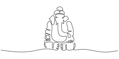 Continuous one single line of elephant statue or ganesha in india isolated on white background.