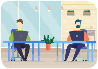 Employees working together in office. Businessmen sitting with laptops, surfing internet, brainstorming, coworking. Managers use computers, modern technologies at workplace vector illustration