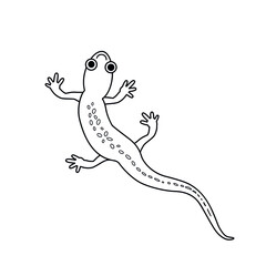 Vector isolated black and white illustration with cute lizard, iguana in flat simple style on white background. Children's coloring page, hand-drawn print. Cartoon funny animal. Doodle black outline.