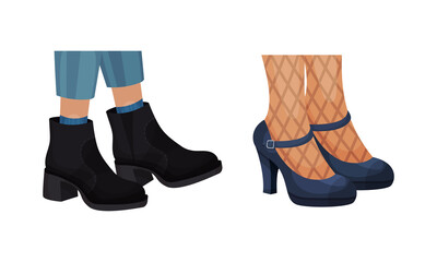 Set of female leegs in trendy shoes. Leather boots and high heel shoes vector illustration
