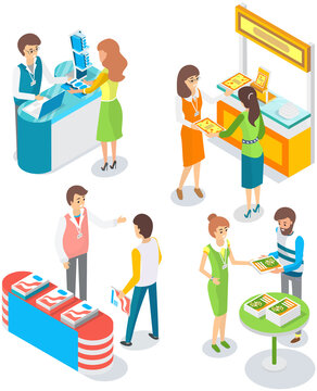 Sales representative managers offer to buy product from company at exhibition or in trade pavilion with stand and showcase. Man and woman work and advertise modern color products for buyers