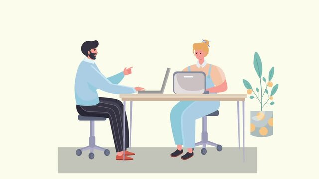 The love relationship between employees. Office workers love each other. Loop video man and woman sit at the computer in the workplace on yellow background